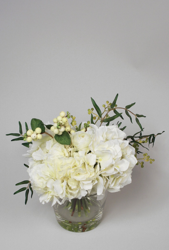 hydrangea snowberry arrangement in water 
