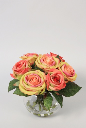 [6887] rose arrangement in water yellow pink 